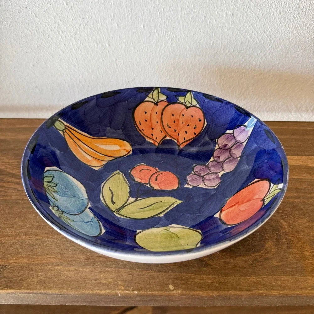 Ceramic Fruit Bowl Cobalt Blue Colorful Mediterranean Folk Art 8
